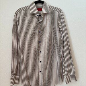 Isaia Napoli Brown & White Striped Button-Down Shirt | Made in Italy